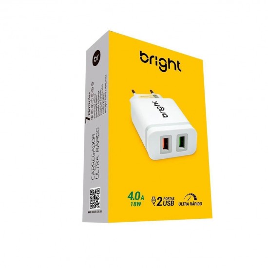 Carregador de Tomada Ultra Rápido Bright, 18W, 2x USB, Branco - AC588